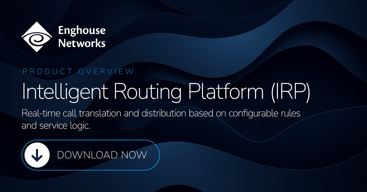 Hero image for Enghouse Networks: Intelligent Routing Platform (IRP) with a Download Now CTA on a dark blue abstract background.