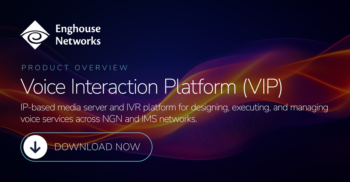 Enghouse Networks hero banner promoting Voice Interaction Platform (VIP) with a large 'DOWNLOAD NOW' button and logo in the top left.