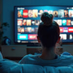 Back view of a person with a bun watching a streaming service on a large TV in a cozy living room.