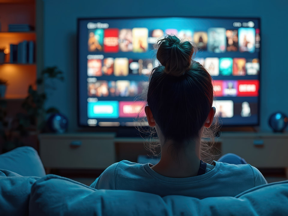 Back view of a person with a bun watching a streaming service on a large TV in a cozy living room.