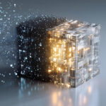 A glowing transparent cube with intricate circuitry, half dissolving into small particles as if dispersing into the air, symbolizing digital transformation.